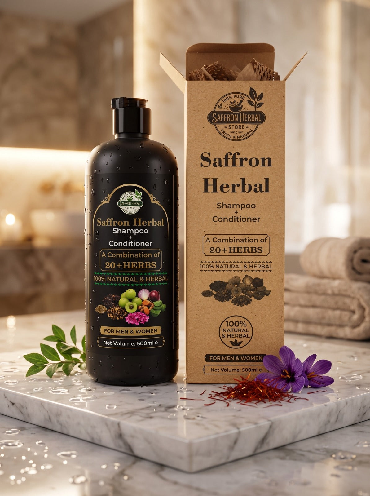 Saffron Herbal Shampoo + Conditioner – 20+ Herbs, 100% Natural & Herbal